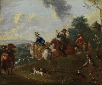 Hunting Party in Hilly Landscape by August Querfurt